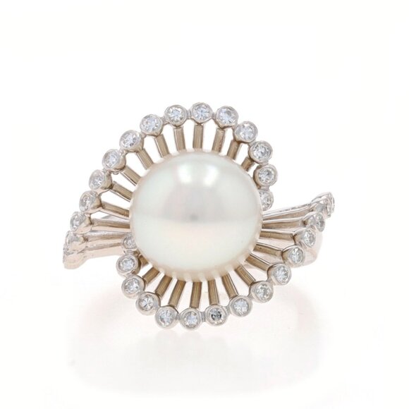 White Gold Akoya Pearl & Diamond Bypass Ring - 14k 0.32ctw Wave Swirl